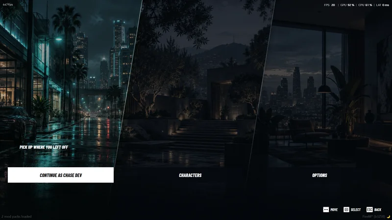 NoPixel V inspired FiveM start menu with continue, characters and options